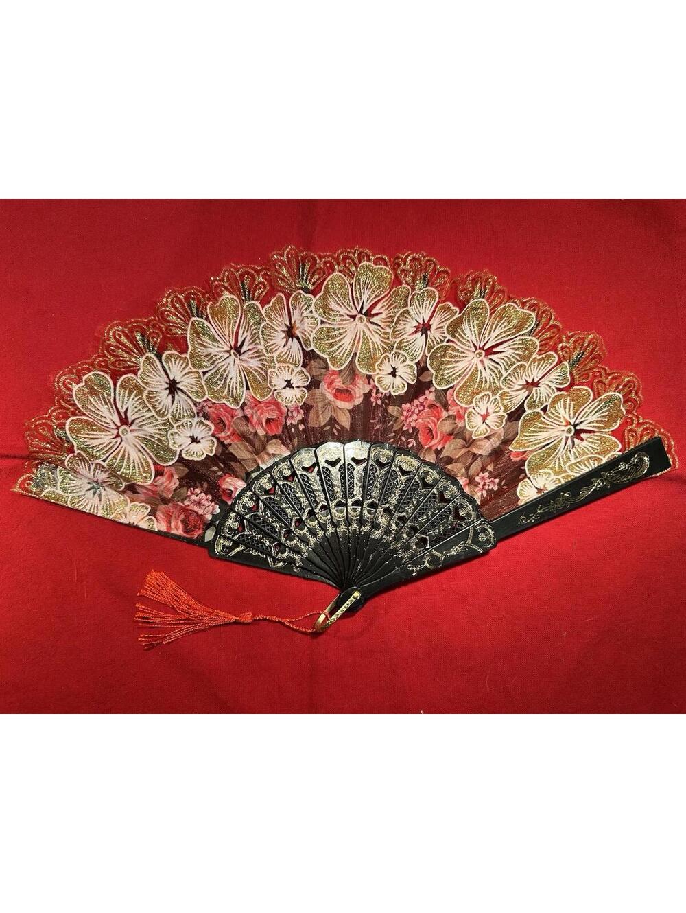 Vintage Floral Lace Hand Fan Gold Sparkle Elegant Spanish Folding Fan Red Tassel - Picture 3 of 4